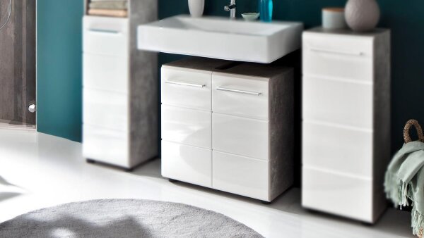 Waschbeckenunterschrank NANO Badmöbel weiß Hochglanz und Beton Stone