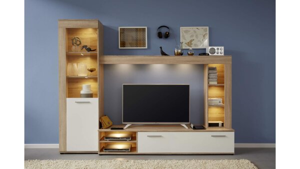 Wohnwand Kenton I In Artisan Eiche & Weiß – Moderne Mediawand Mit LED-Beleuchtung Fürs Wohnzimmer