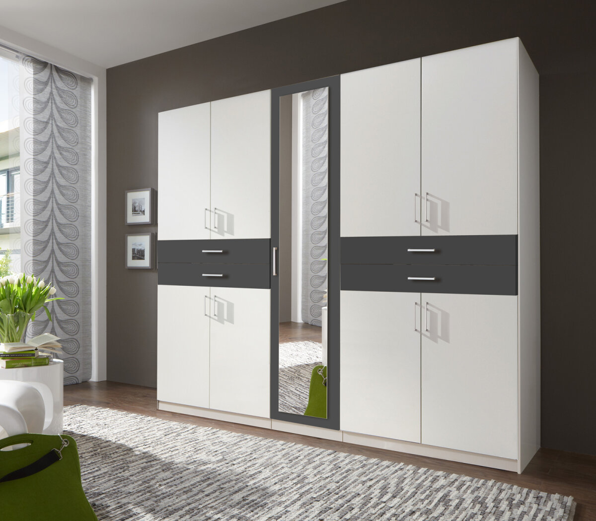 Kleiderschrank TAIGA Schrank in weiß und anthrazit mit Spiegel 225 cm