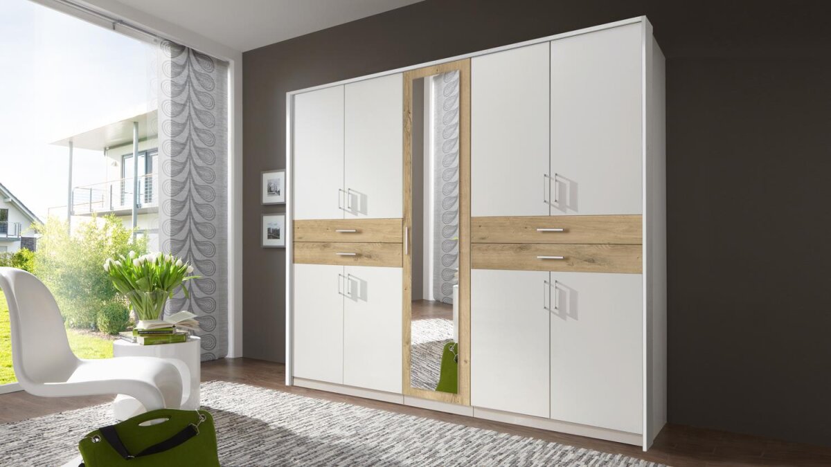 Kleiderschrank TAIGA Schrank in Weiß und Plankeiche mit Spiegel 225 c