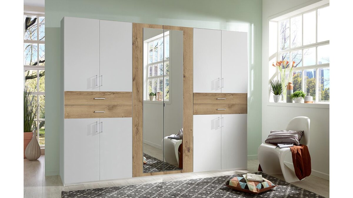 Kleiderschrank TAIGA Schrank in weiß und Plankeiche mit Spiegel 270 c