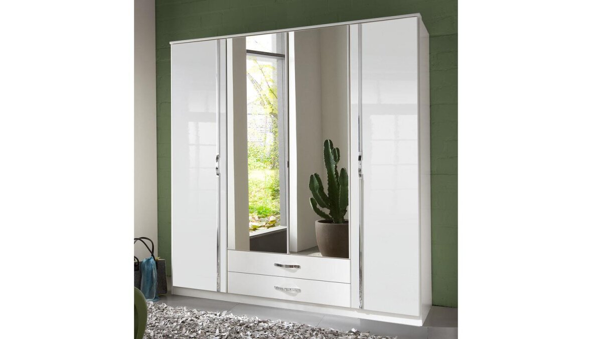 Kleiderschrank TRIO Schrank in weiß Hochglanz Chrom 180 cm mit Spiege