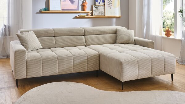Ecksofa R SIMPLE Cord beige elektrisch Sitztiefenverstellung