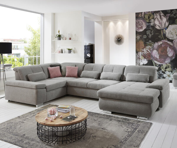 Wohnlandschaft R ALTARA Stoff silver mit Kopfteilverstellung
