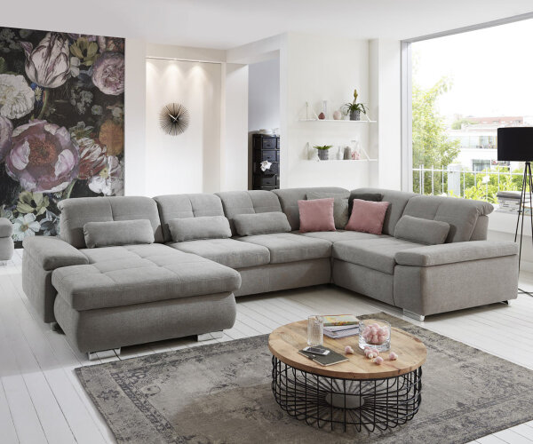 Wohnlandschaft L ALTARA Stoff silver mit Kopfteilverstellung