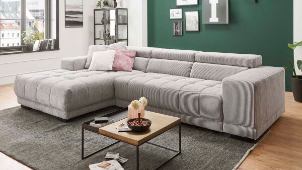 Ecksofa L SATELLITE Cord grey mit Kopfteilverstellung