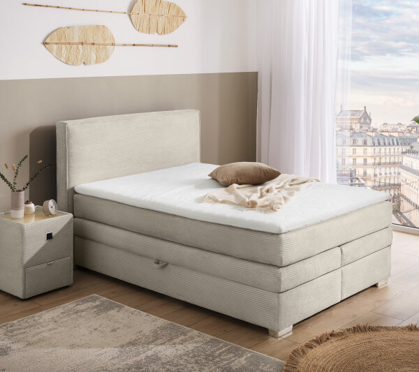 Boxspringbett Arabella 140x200 Cord light greige H2/H3 Topper Bettkasten