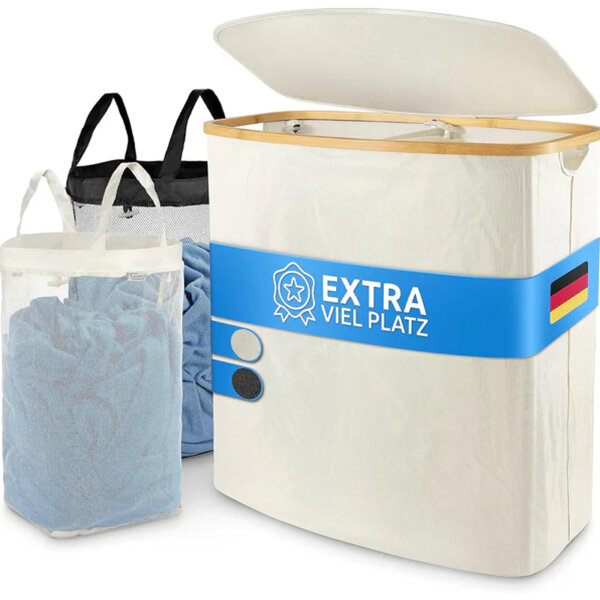 Hochwertiger Wäschekorb beige140 L atmungsaktiver Stoff  2 Fächer