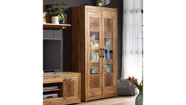 Vitrine II Gaja WZ-0315 Wildeiche massiv naturstabverleimt, Front Hirnholz-Elemente, 106/201/40
