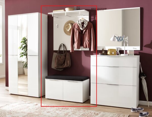 Garderobenset Trend weiß matt Weißglas Paneel Schuhbank Sitzkissen