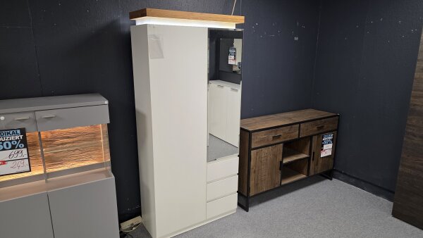 Schrank Romina weiß matt Lack Asteiche 52731inkl. LED, 1 Tür, 1 Spiegeltür, 3 SK, 91/198/38 cm
