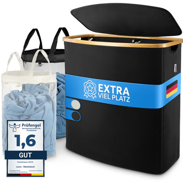 Hochwertiger Wäschekorb schwarz 140 L atmungsaktiver Stoff  2 Fächer