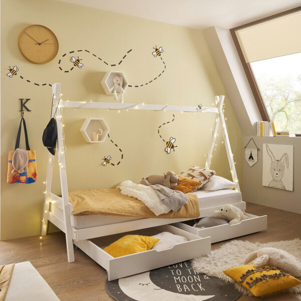 Kinderbett Sora mit 2er Set Bettkasten Kiefer massiv weiß Zeltbett Liegefläche 90x200cm