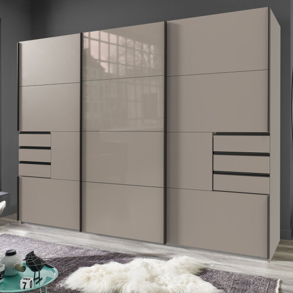 Schwebetürenschrank 270cm Saigon Saharagrau Schubkästen