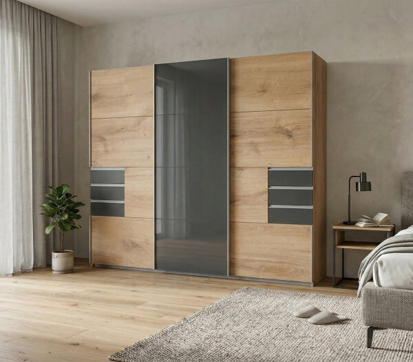 Schwebetürenschrank Saigon Plankeneiche Glas Grey Graphit 270cm