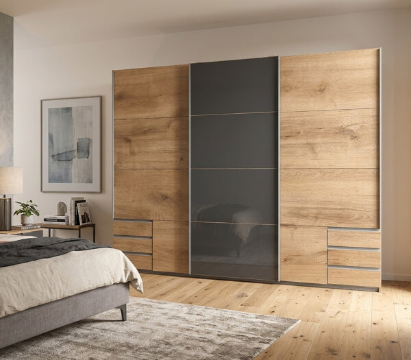 Schwebetürenschrank Valencia Plankeneiche graphit Glas grey 270cm