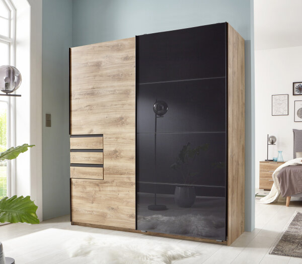 Schwebtürenschrank Oldenburg Artisan Eiche Glas Grey 180 cm