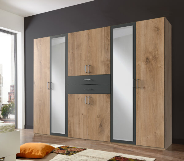 Kleiderschrank Diver Plankeneiche Graphit mit Spiegel 270 cm