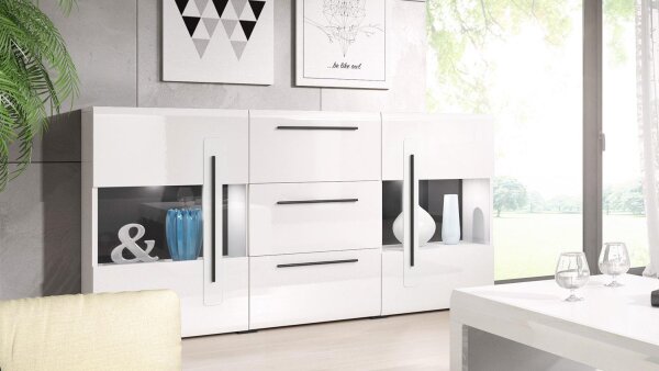 Sidebaord TULSA Kommode 2 Glastüren 180 cm weiß Hochglanz Dekor
