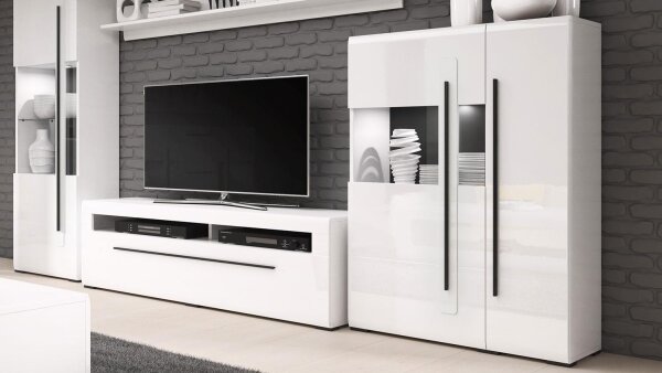 Highbaord TULSA Hochkommode 2-trg mit Glas weiß Hochglanz Dekor