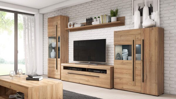 Wohnwand TULSA Anbauwand Wohnzimmer Vitrine Grandson Eiche 4-tlg