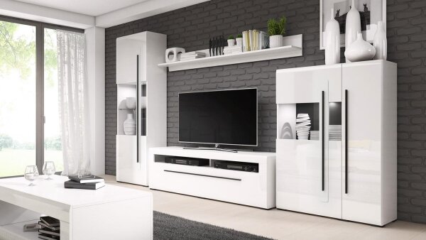 Wohnwand TULSA Anbauwand Wohnzimmer in Weiß Hochglanz 4-teilig