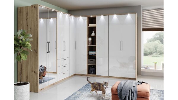 Eck-Kleiderschrank OPTIMA in Weiß Hochglanz Eiche Dekor