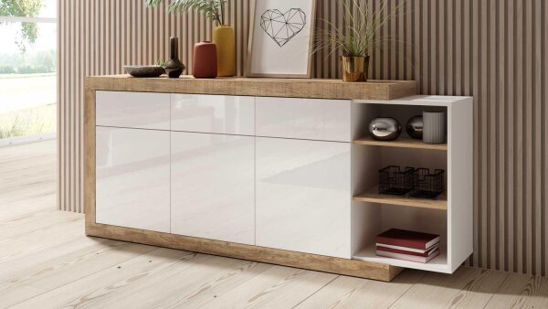 Sideboard SINTRA Kommode weiß Samdal Eiche Hochglanz