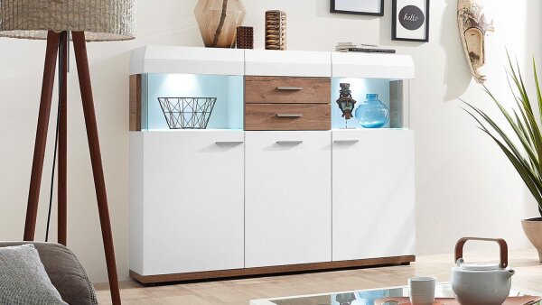 Highboard LIGHT LINE 2 weiß matt Lack und Eiche inkl. LED