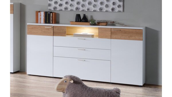 Sideboard OSLO weiß matt lackiert und Asteiche hell Massivholz
