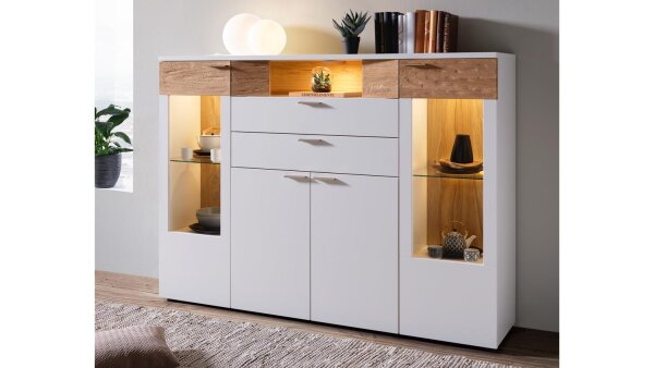 Highboard OSLO weiß matt lackiert und Asteiche hell Massivholz