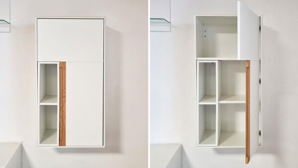 Hängevitrine LIGHT LINE 5 weiß matt Lack Design Front mit Eiche massiv hell