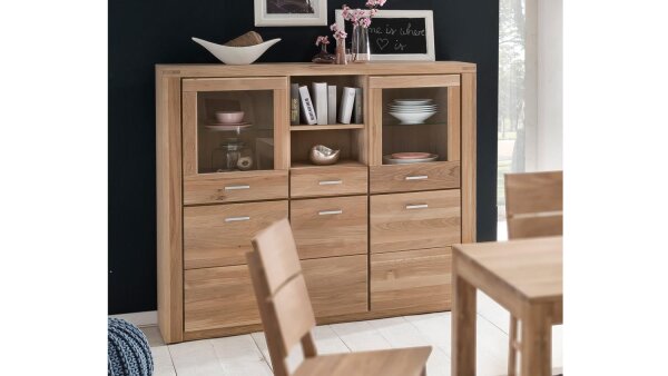 Highboard TABEA Wildeiche Bianco teilmassiv Glas 155 cm