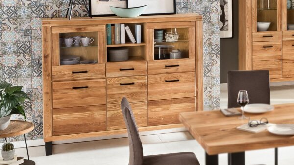 Highboard TINA Vitrine Buffet Schrank in Eiche teilmassiv geölt 158