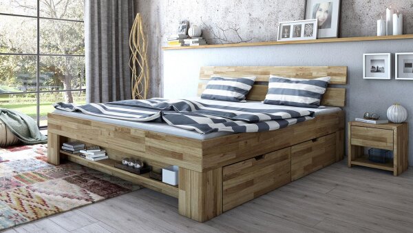 Futonbett SARAH Schubkastenbett Wildeiche massiv 140x200