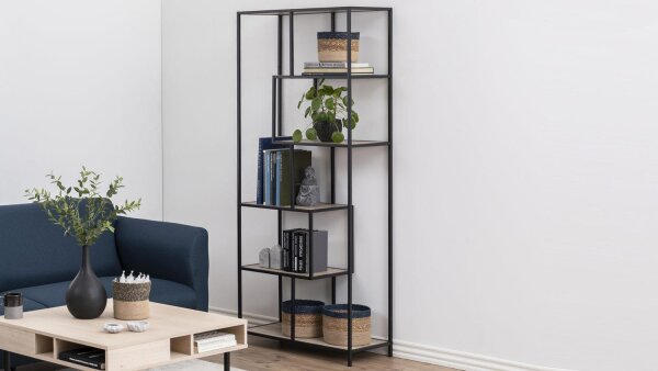 Regal SEAFORD schwarz matt Wildeiche Dekor 6 Ablagen