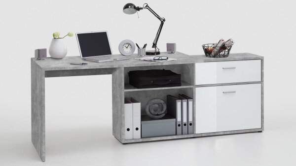 Eck Schreibtisch DIEGO Computertisch Winkeltisch Beton weiß Hochglanz