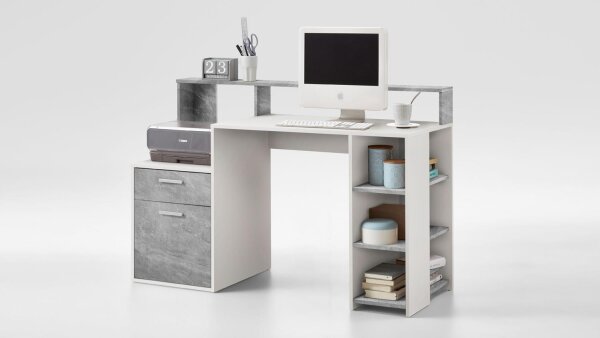 Schreibtisch BOLTON Bürotisch PC-Tisch Beton-Optik weiß