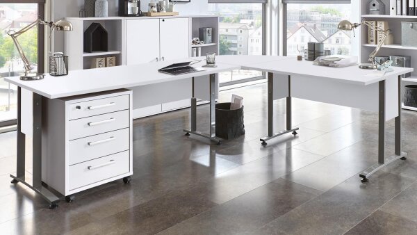 Winkelschreibtisch CALVIA 120/160 in weiß mit Rollcontainer