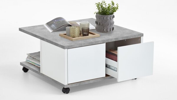Couchtisch TWIN Wohnzimmertisch auf Rollen Beton grau weiß Edelglanz