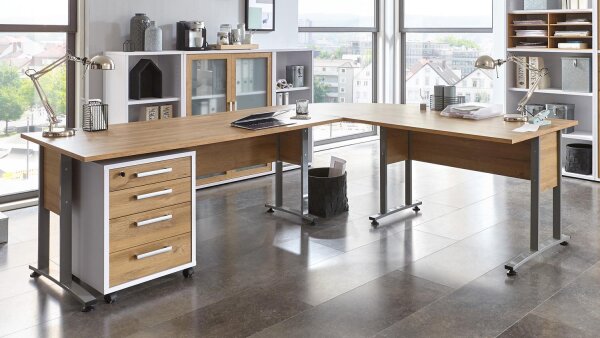 Winkelschreibtisch CALVIA mit Rollcontainer weiß Alteiche 240x200 cm