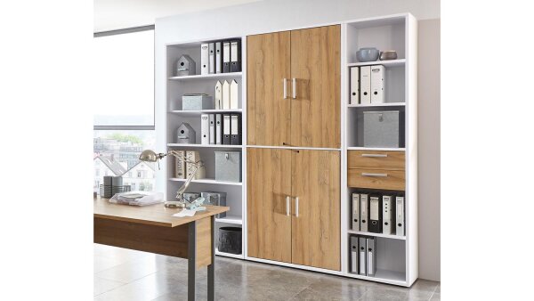 Regalwand CALVIA Regal Schrank Büro-Set weiß und Alteiche abschließbar