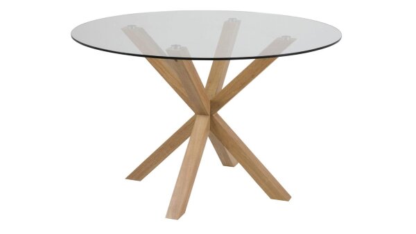 Esstisch HEAVEN Glasplatte Gestell Eiche Look Ø 119 cm