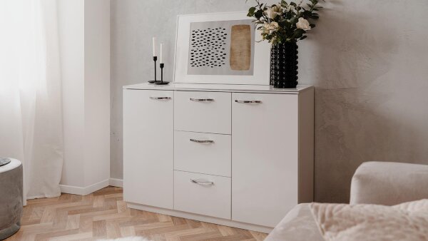 Kommode MONACO Sideboard weiß glänzend und Chrom 120