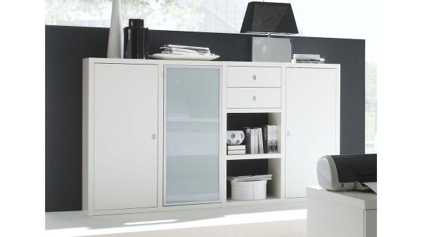 Sideboard TORO 79 weiß Hochglanz lackiert Glas satiniert