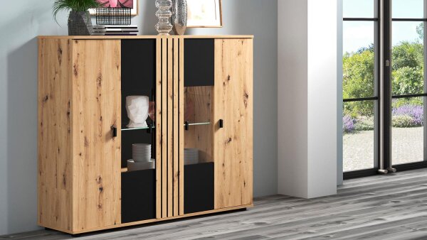 Highboard SOLEA Wohnzimmer Schrank schwarz Artisan Eiche LED