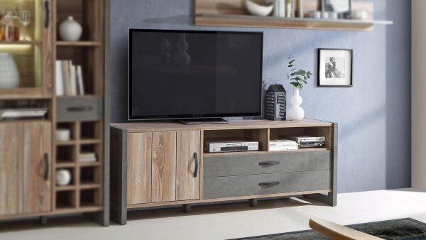 TV-Board NOTE Lowboard Unterschrank in Picea Kiefer und Beton grau