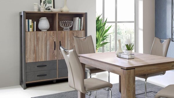 Highboard NOTE Schrank Anrichte Buffet in Picea Kiefer und Beton grau