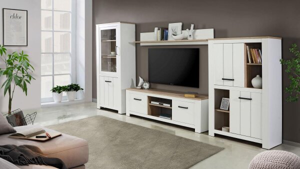 Wohnwand ELARA Anbauwand in weiß matt und Eiche Bianco