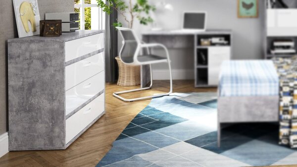 Kommode CANMORE Sideboard weiß Hochglanz und Beton grau